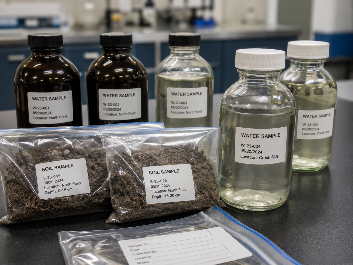 Labelled soil and water samples on a laboratory bench