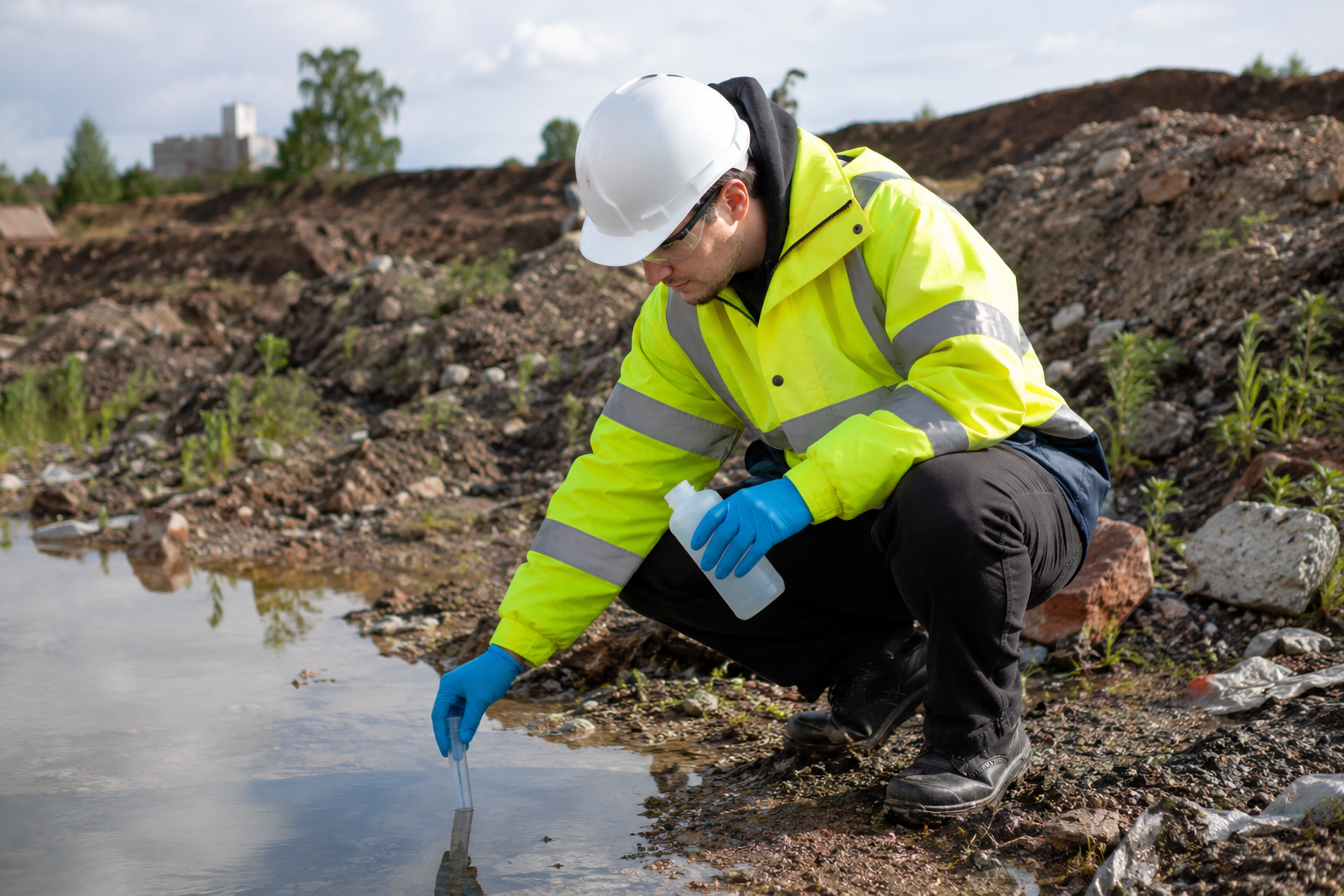 Environmental technician collecting a water sample on site