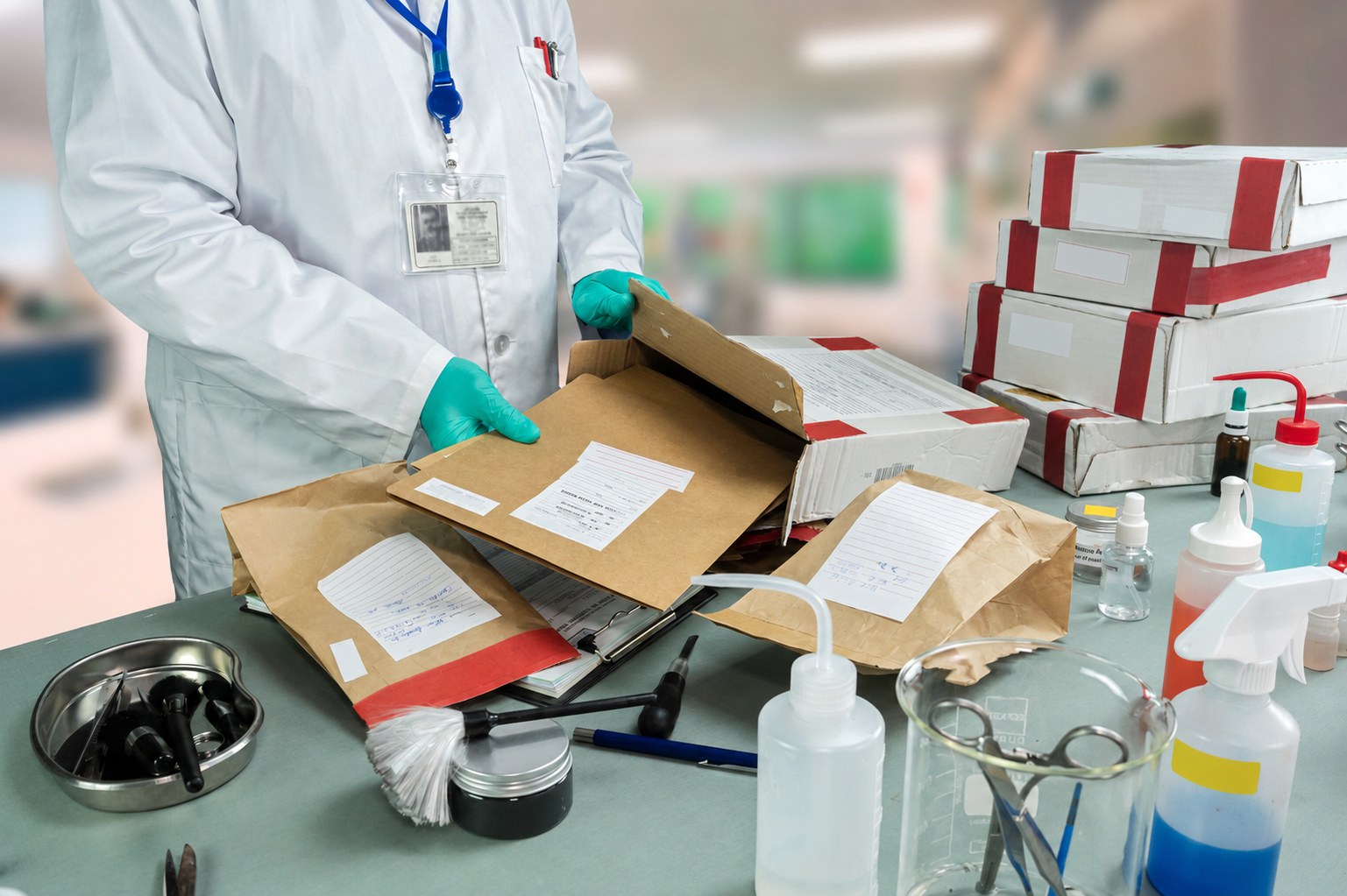 Analyst handling labelled and sealed sample packages for laboratory collection